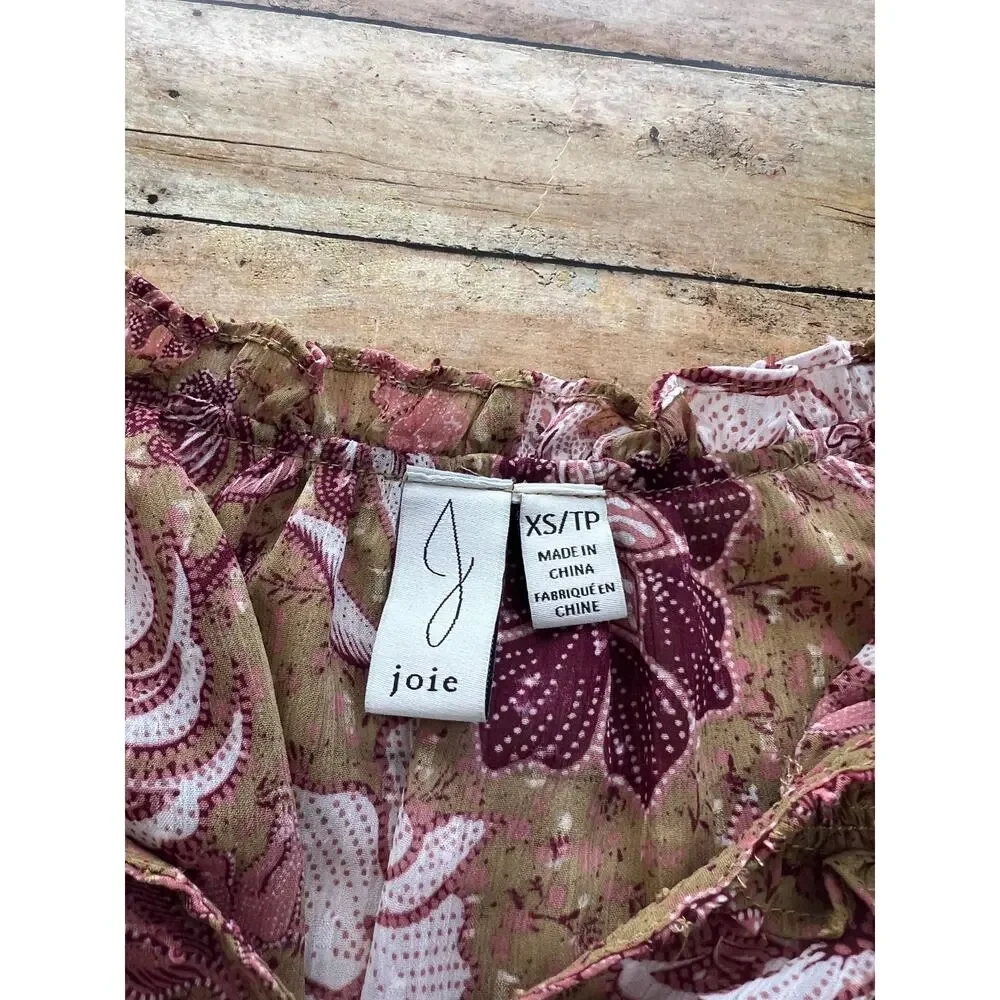 Joie Floral Ruffle Sleeve Blouse Textured Chiffon Boho Brown Pink White Size XS